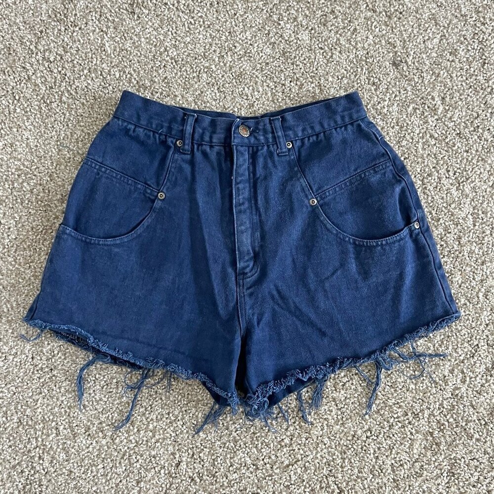 90s High Waist Indigo Blue Denim Cut Off Shorts Distressed Vintage Size 8